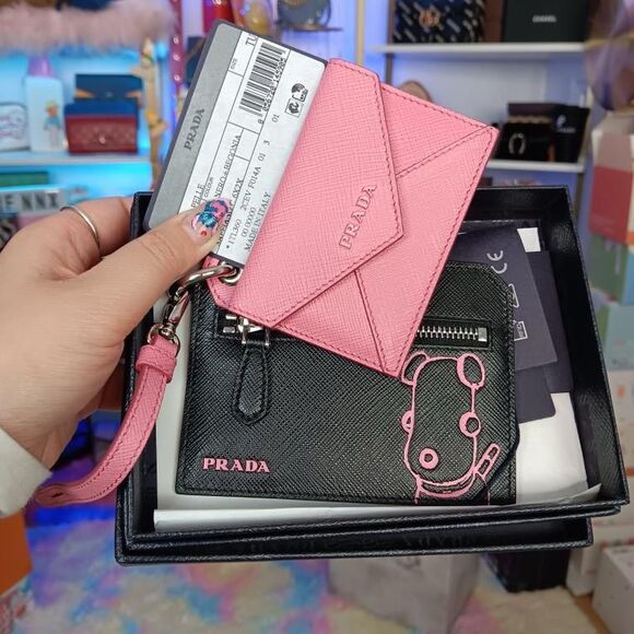 Prada Handbags - NIB PRADA Pink/Black Saffiano Leather Puppy Key Charm Card Holders Set $550